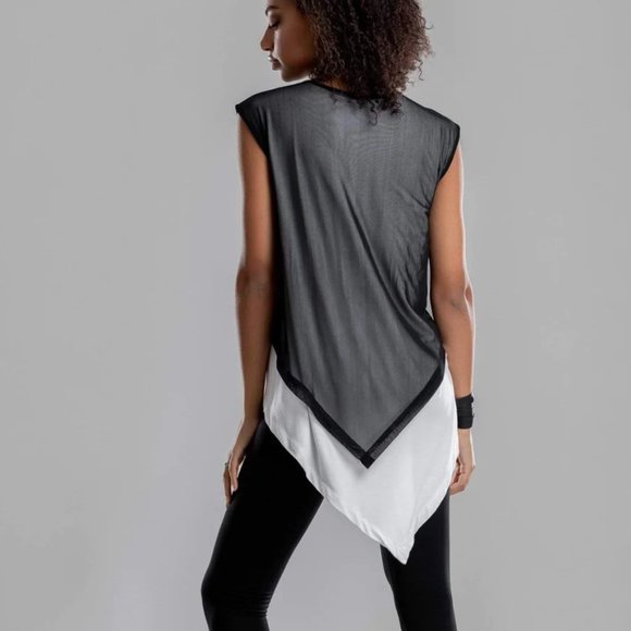 Mdnt45 - ASYMMETRICAL WHITE SHIRT WITH BLACK MESH (NEW), fits large - Picture 5 of 5